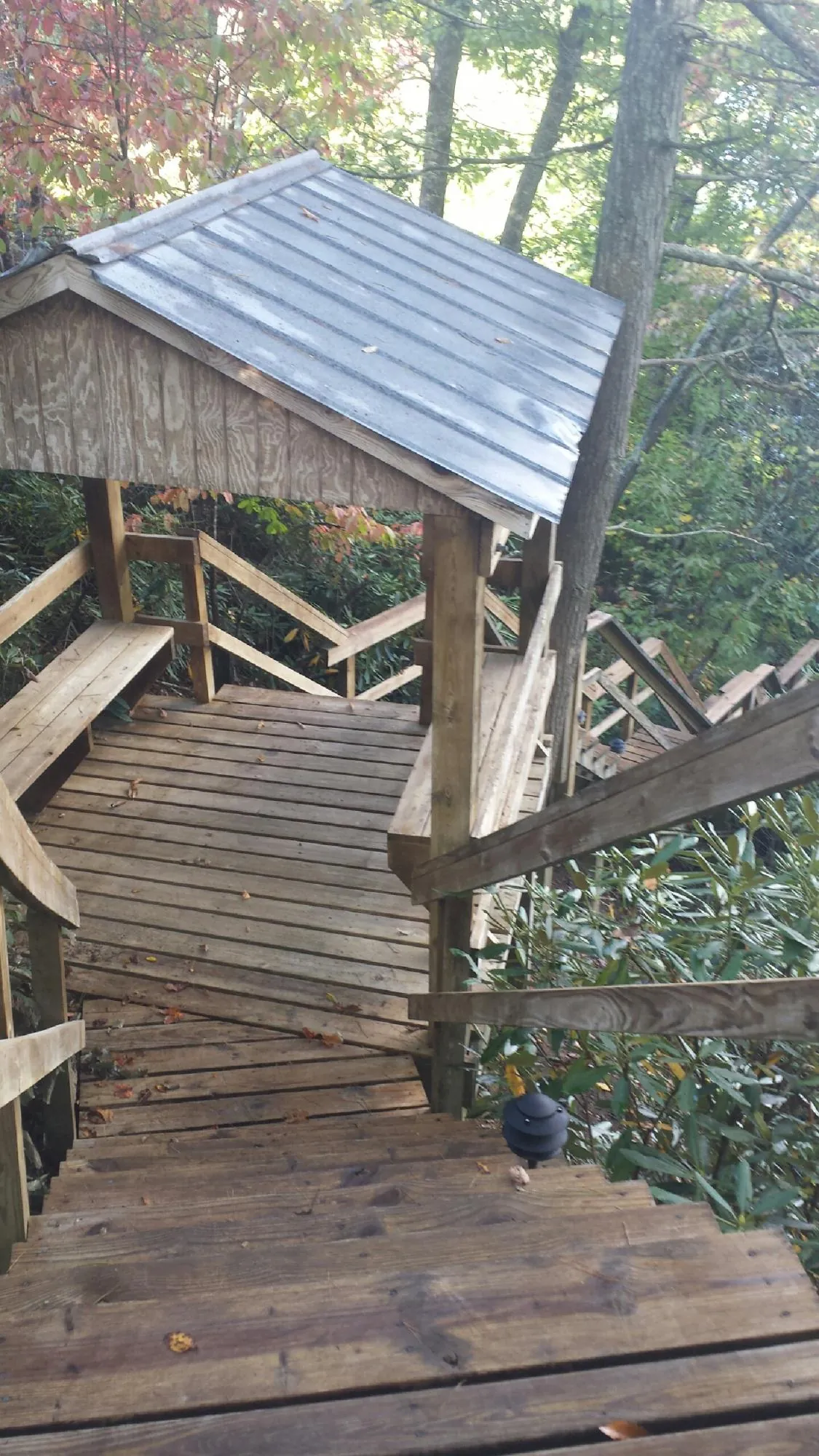 Metal roofed shelter over wooden steps on a wooded walkway — Skylight Repair & Installation work by our crew in Panama City